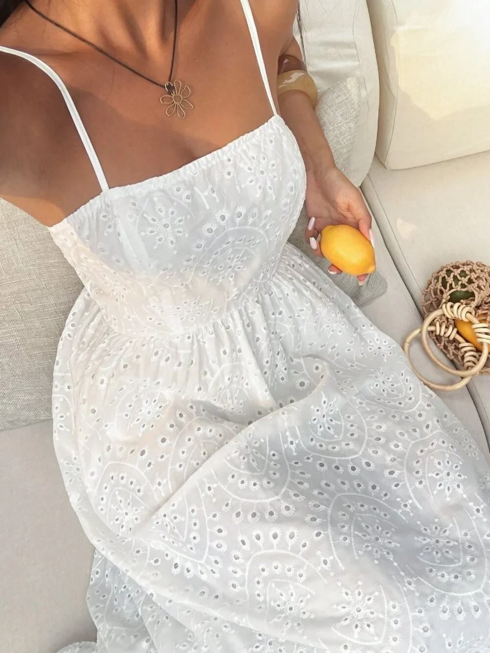 White Boho Women's Slim-Fit Double Shoulder Strap Strapless Dress